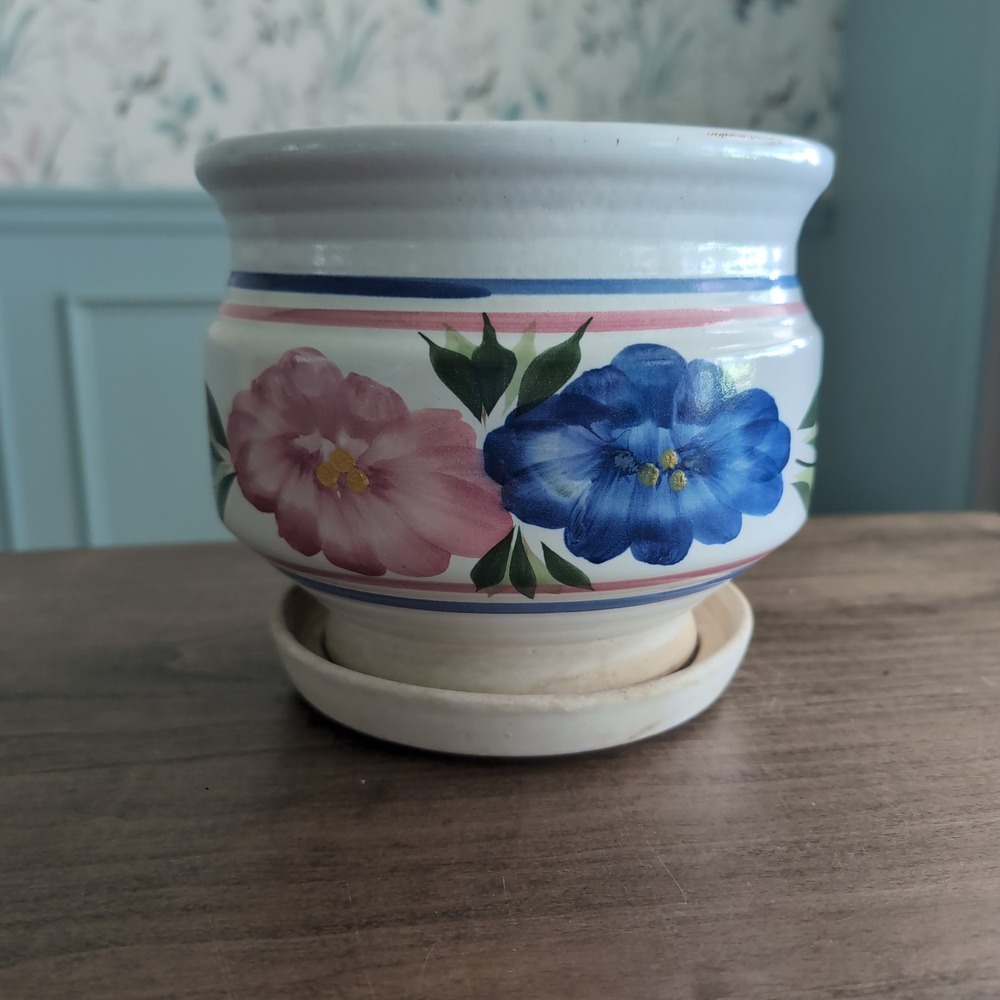 Vintage Stoneware Design Hand Painted Floral Planter Pot Saucer Made in USA